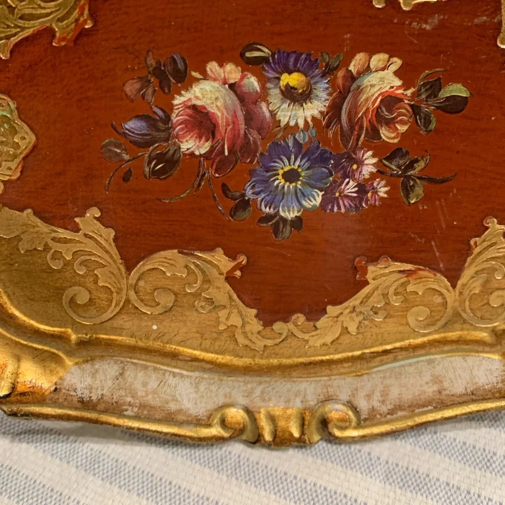 Vintage Italian Florentine Golden Tray, Red and Gilt